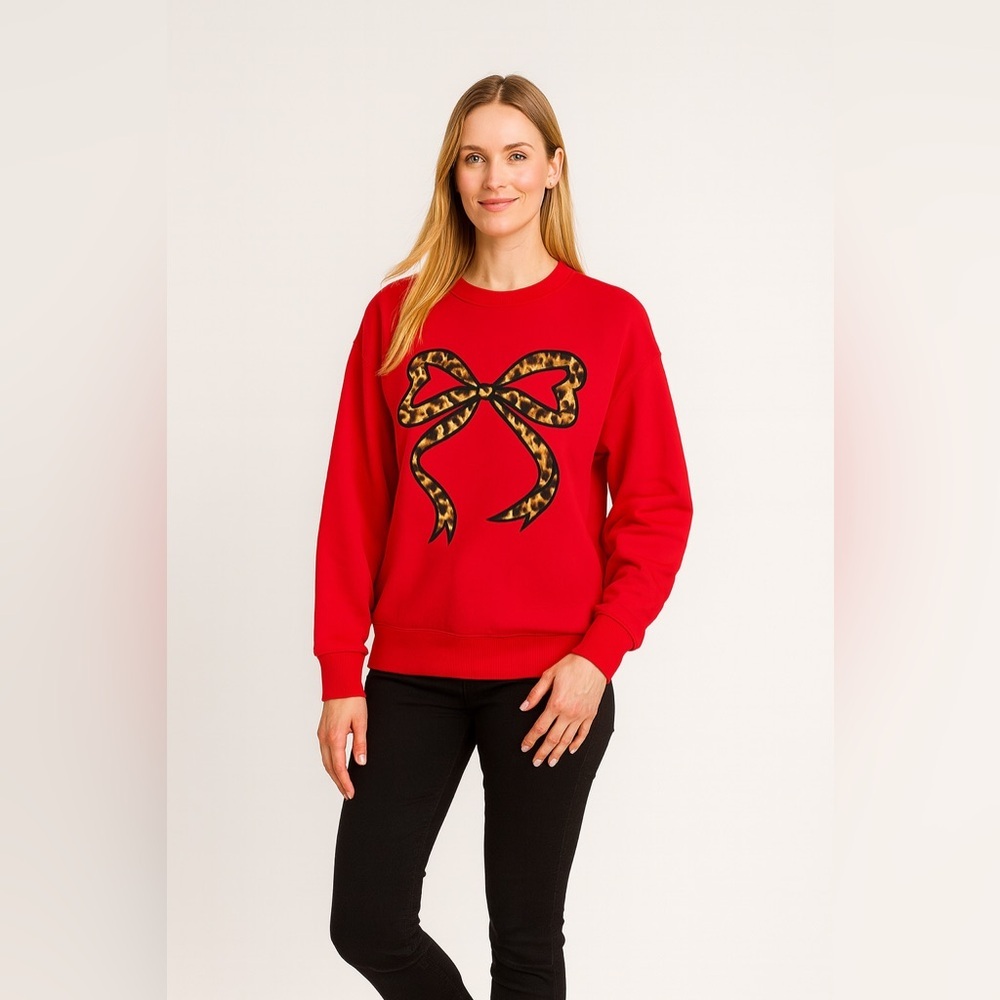 WDCOZY Red Leopard Bow Sweatshirt – Size Small, Brand New With Tags
